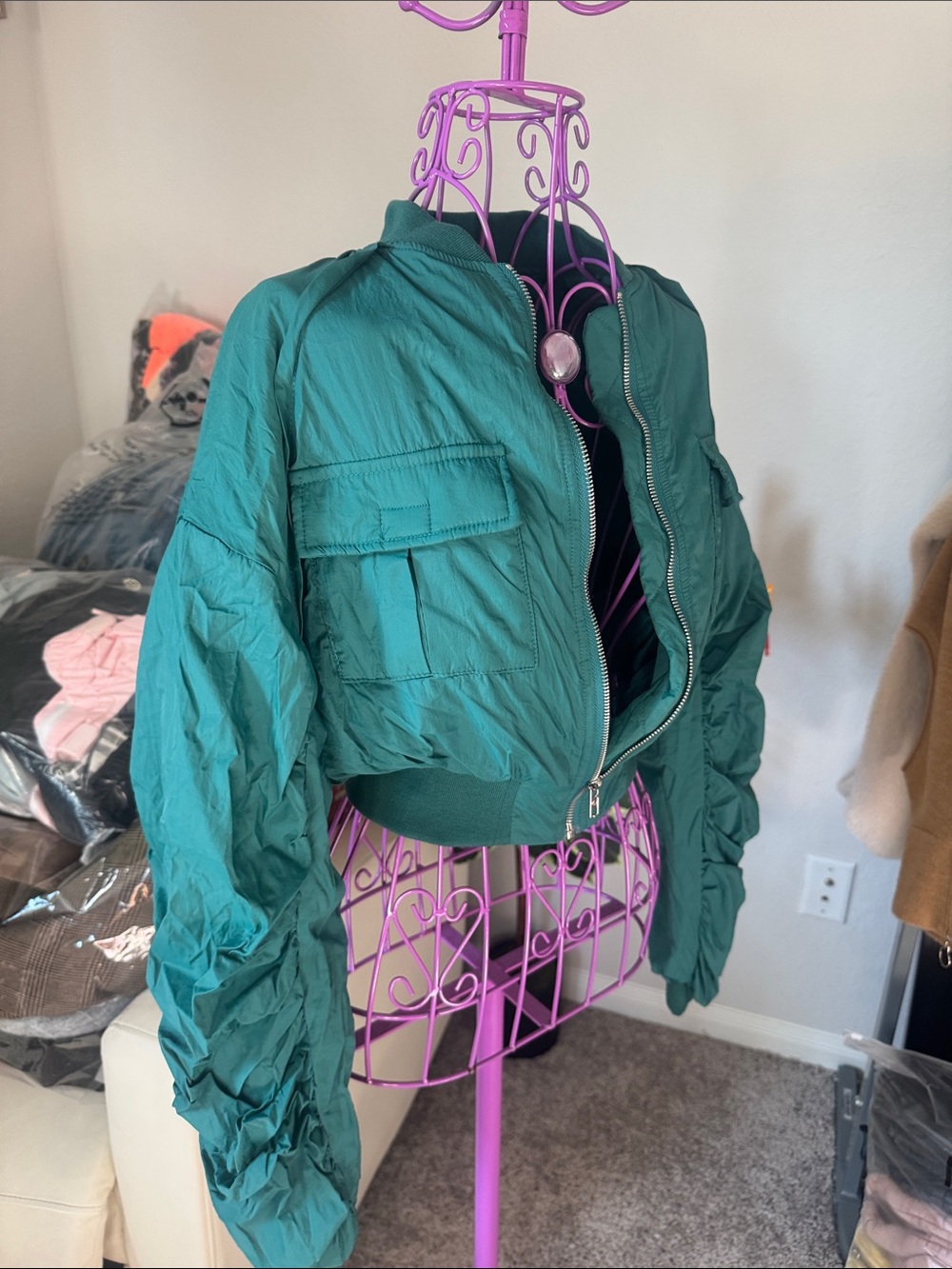 Shein Women's Teal Crop Bomber Jacket with Cargo Pockets - Picture 3 of 5